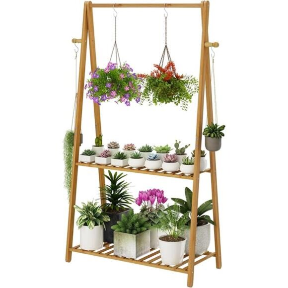 Hanging Plant Shelf Indoor Outdoor Plant Stands Wood Flower Stand 2 Tiered Rack - Picture 7 of 7